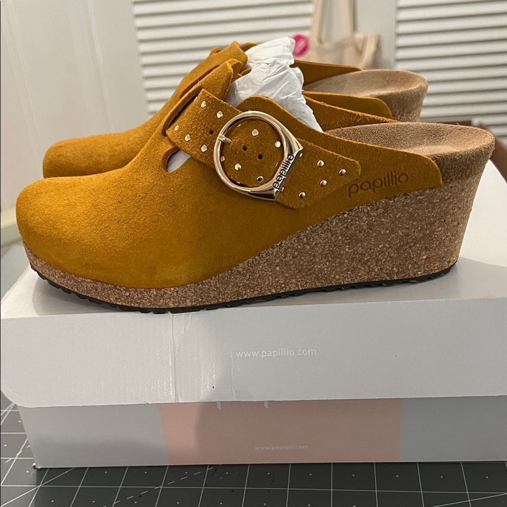 Papillio Mustard Suede Wedge Mules